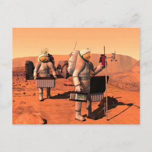 Astronauten richten Wetterausrüstung auf Mars ein. Postkarte