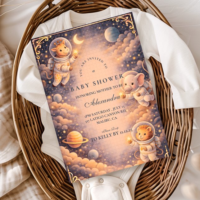 Astronauten-Tiere Weltraum-Baby-Party Einladung (Von Creator hochgeladen)