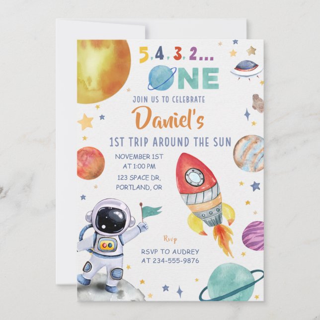 Astronauten Weltraum 1. Fahrt um die Sonne Einladung (Vorderseite)