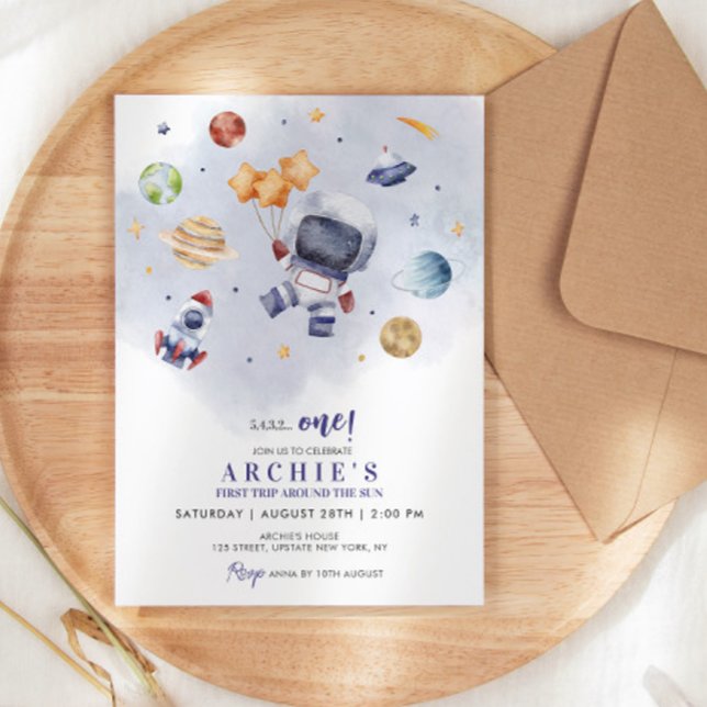 Astronauten Weltraum erste Reise um die Sonne zum  Einladung (astronaut birthday invitations boy 1st birthday invitation template galaxy)