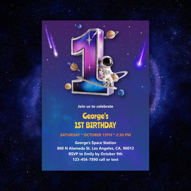 Astronauten Weltraum Themenjunge 1. Geburtstag Einladung (Astronaut Outer Space Themed Boy 1st Birthday Invitation)