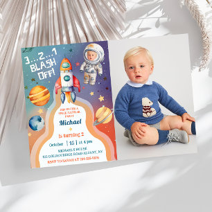 Astronauten Weltraumraketenschiff Geburtstags-Foto Einladung