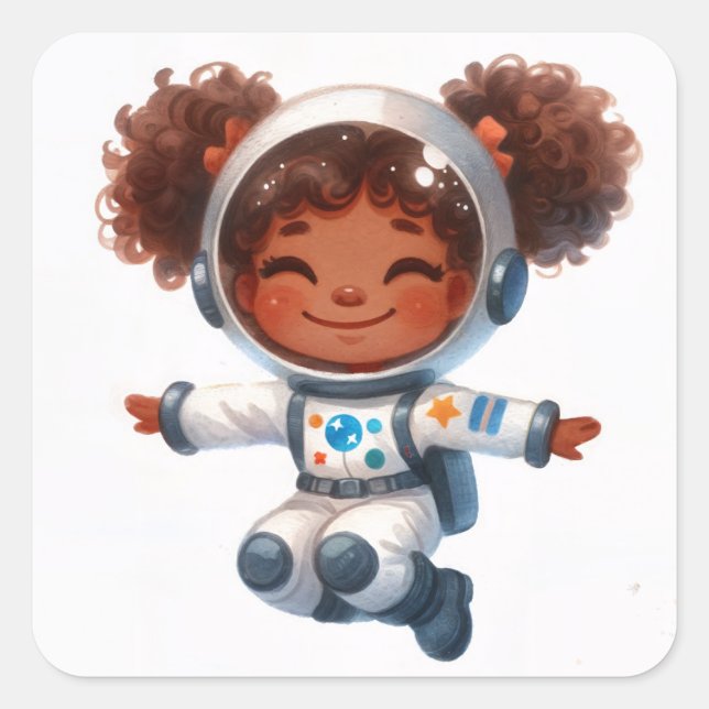 Astronautenamerikanisches Mädchen mit Afro Puffs Quadratischer Aufkleber (Vorderseite)