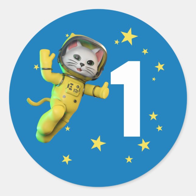 Astronautenkatze Birthday Classic Round Sticker (Vorderseite)