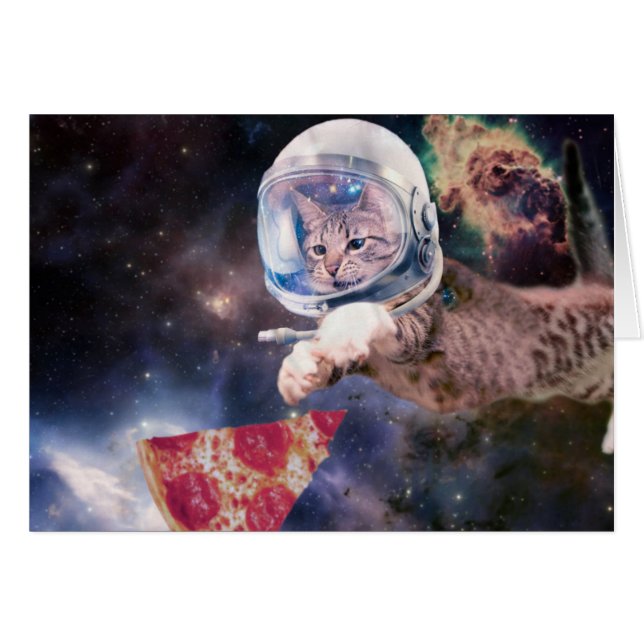 Astronautenkatze, die eine Pizzasuppe jagt (Vorderseite (Horizontal))
