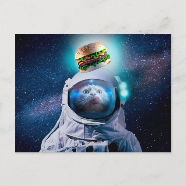 Astronautenkatze, die einen Hamburger wünscht Postkarte (Vorderseite)