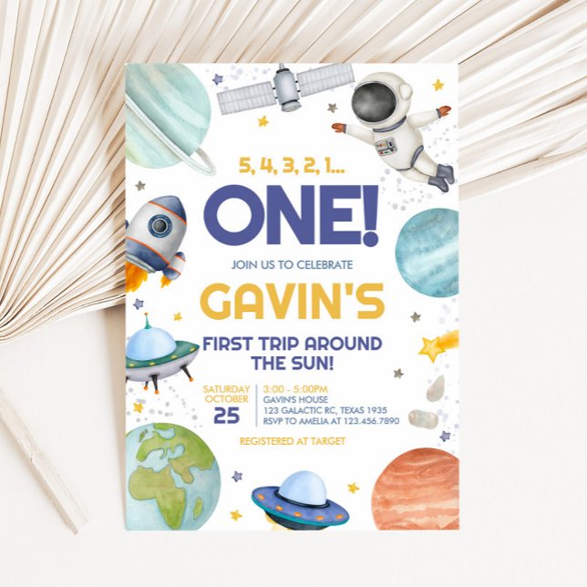 Astronautenreise zum Geburtstag der Sonne Einladung (Astronaut First Trip Around the Sun Birthday Party Invitation)
