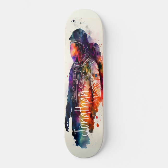 Astronautenthema Wasserfarbe Skateboard (Vorderseite)