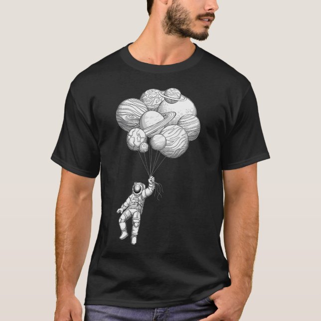 Astronautin, die mit Planetenballons von Hand geze T-Shirt (Vorderseite)