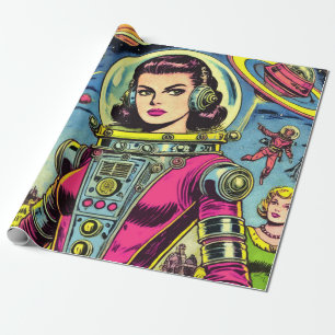 Astronautin Frauen Vintage Sci-Fi-Comic Geschenkpapier