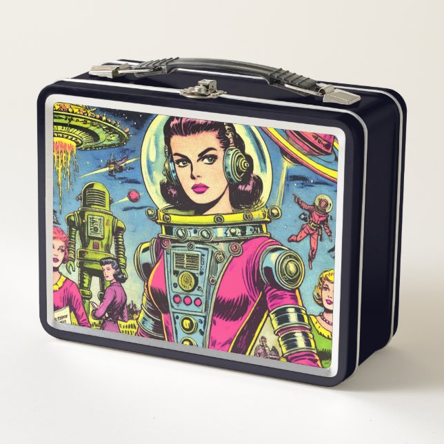 Astronautin Frauen Vintage Sci-Fi-Comic Metall Brotdose (Vorderseite)