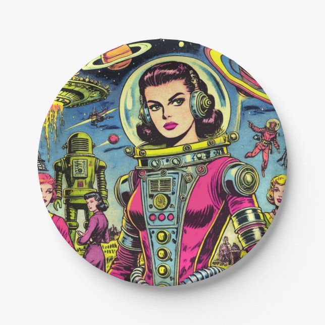 Astronautin Frauen Vintage Sci-Fi-Comic Pappteller (Vorderseite)