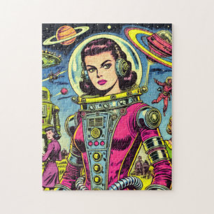 Astronautin Frauen Vintage Sci-Fi-Comic Puzzle