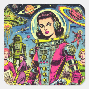 Astronautin Frauen Vintage Sci-Fi-Comic Quadratischer Aufkleber