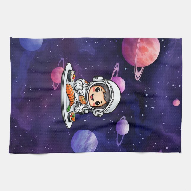 Astronautin frisst Sushi Geschirrtuch (Horizontal)