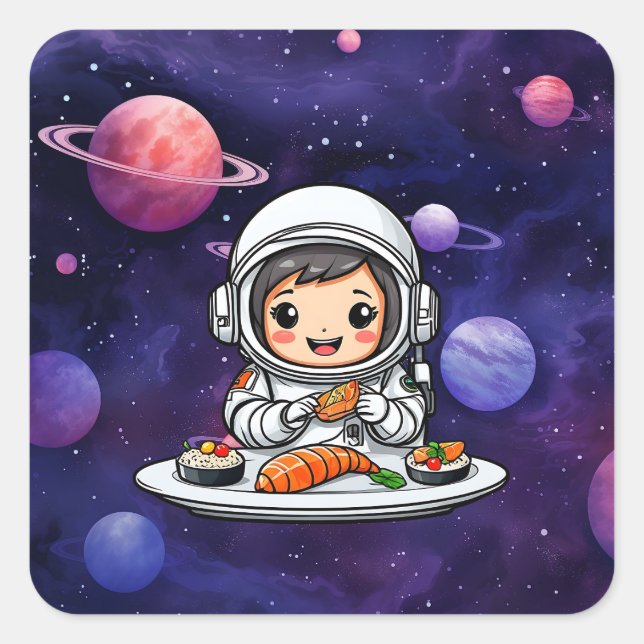 Astronautin frisst Sushi Quadratischer Aufkleber (Vorderseite)
