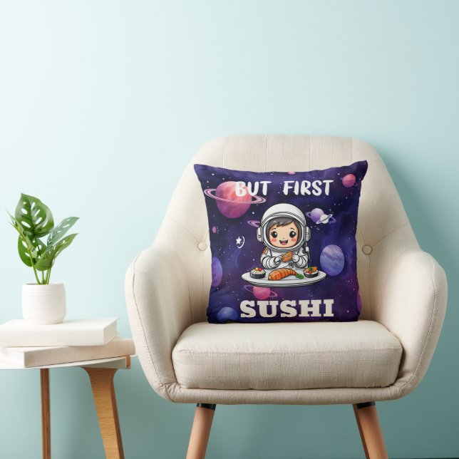 Astronautin frisst Sushi-weißen Text Kissen (Stuhl )