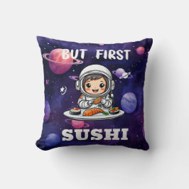 Astronautin frisst Sushi-weißen Text Kissen