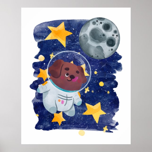 Astronautin Hund Wasserfarbe Weltraum Sterne Plane Poster (Vorne)