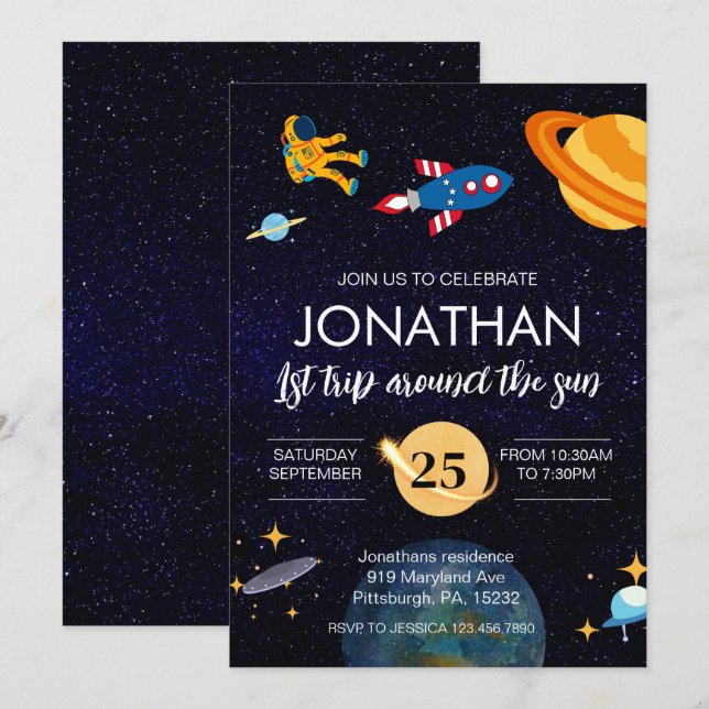 Astronautin Party zum 1. Geburtstag Einladung (Vorne/Hinten)