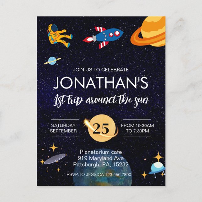 Astronautin Party zum 1. Geburtstag Postkarte (Vorderseite)
