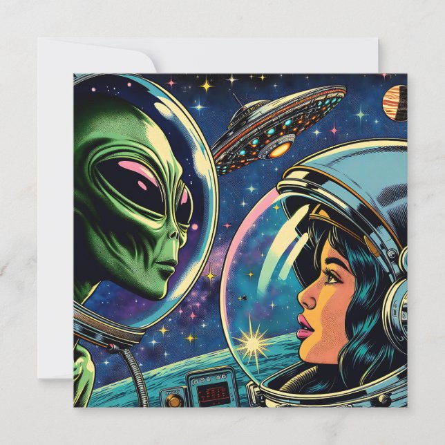 Astronautin trifft extraterrestrische Alien Karte (Vorderseite)