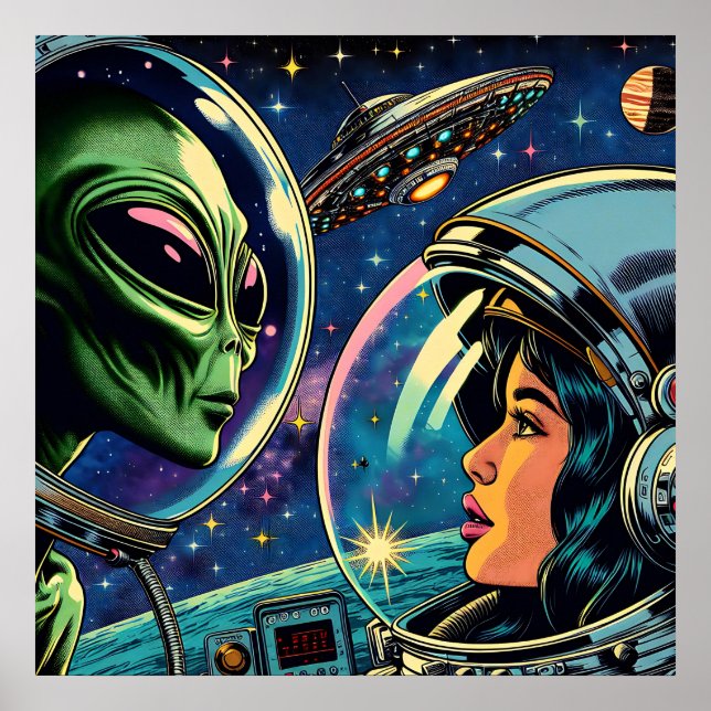 Astronautin trifft extraterrestrische Alien Poster (Vorne)