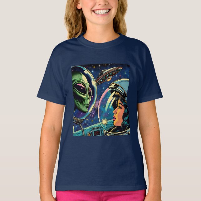 Astronautin trifft extraterrestrische Alien T-Shirt (Vorderseite)