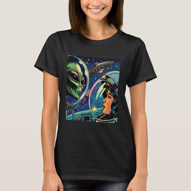 Astronautin trifft extraterrestrische Alien T-Shirt (Vorderseite)