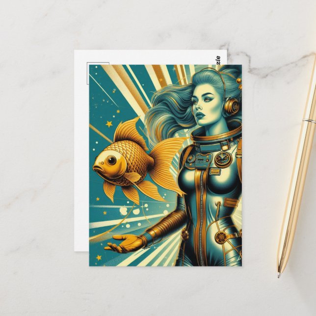Astronautin und Goldfisch Postkarte (Vorderseite/Rückseite Beispiel)