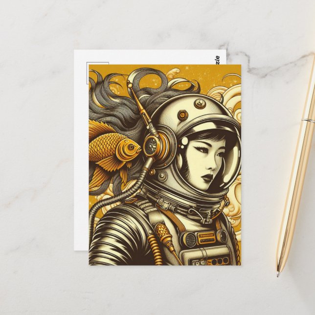 Astronautin und Goldfisch Postkarte (Vorderseite/Rückseite Beispiel)