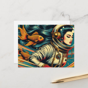 Astronautin und Goldfisch Retro einzigartig Postkarte