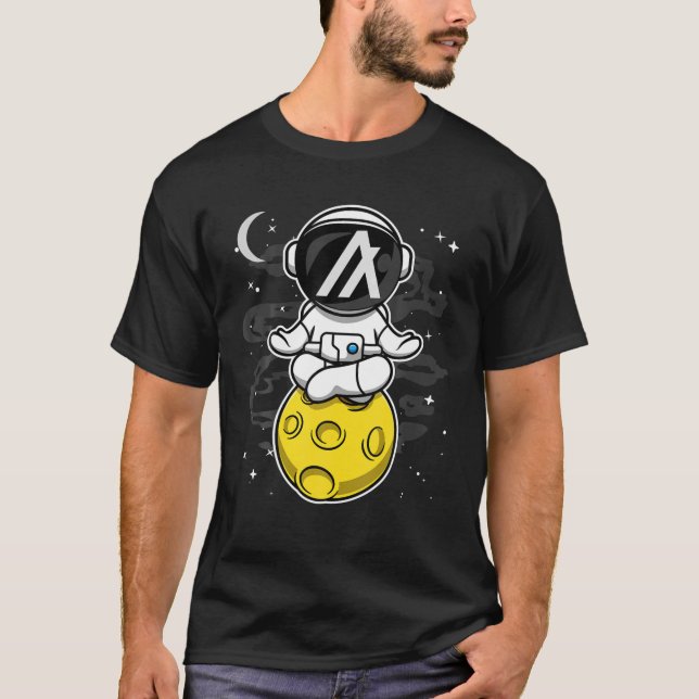 Astronautin Yoga Algorand ALGO Münze zum Mondkreuz T-Shirt (Vorderseite)