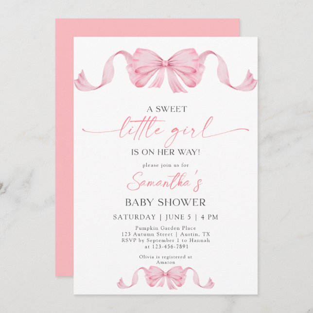 ASweet Little Girl Coquette Bow Border Baby Shower Einladung (Vorne/Hinten)