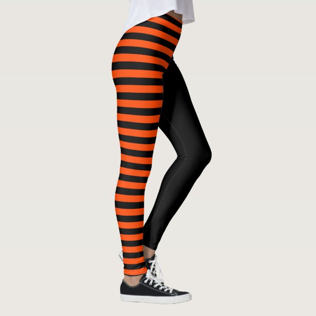 Asymmetrisches Schwarz und Orange Streifen Leggings (Rechts)