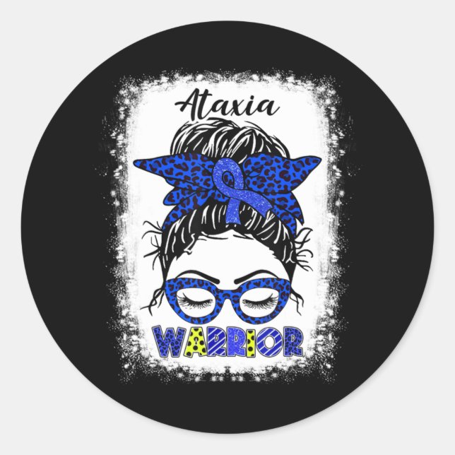 Ataxia Warrior Messy Bun Blue Ribbon Frauen Ataxia Runder Aufkleber (Vorderseite)