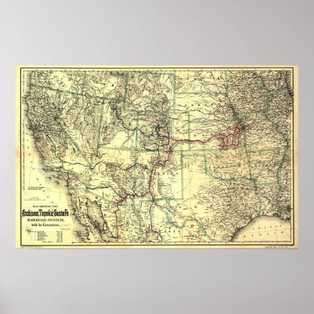 Atchison Topeka & Sante Fe Railroad MAP 1883 WEST Poster (Vorne)