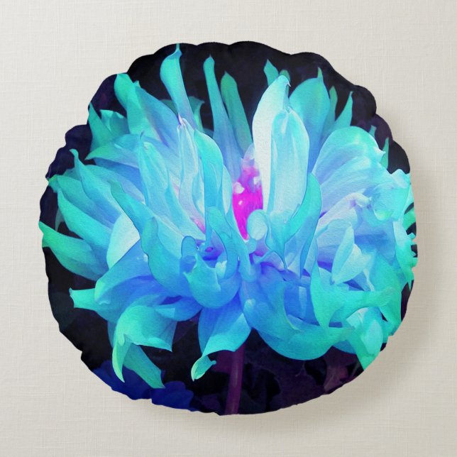 Atemberaubend Aqua Blue und Green Cactus Dahlia Rundes Kissen (Vorderseite)