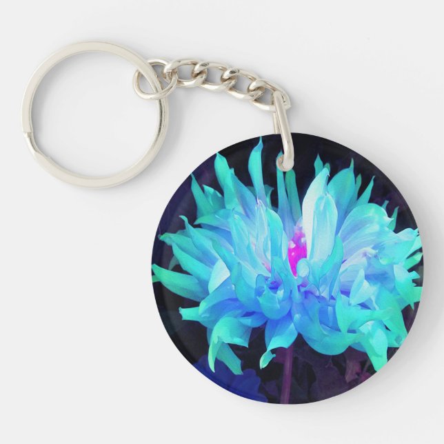 Atemberaubend Aqua Blue und Green Cactus Dahlia Schlüsselanhänger (Vorderseite)