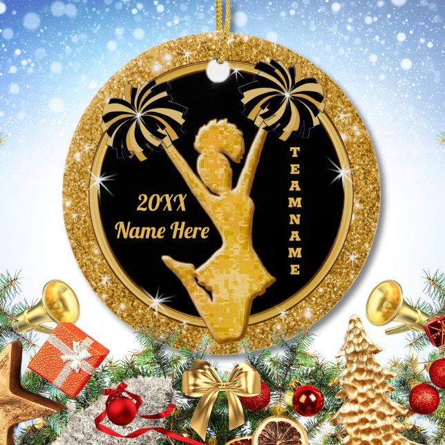 Atemberaubend Black Gold Custom Cheerleader Orname Keramik Ornament (Personalized Cheerleader Ornaments. Cheap Cheer gifts for squad. Great, Cheerleading party favors. )
