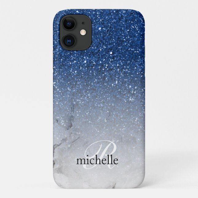 Atemberaubend Blue Glitzer Ombre Marble Monogram Case-Mate iPhone Hülle (Rückseite)