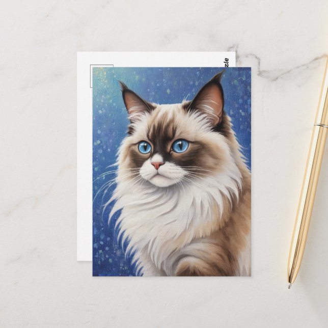 Atemberaubend Blue Mit Augen Ragdoll Cat Painting  Postkarte (Vorderseite/Rückseite Beispiel)