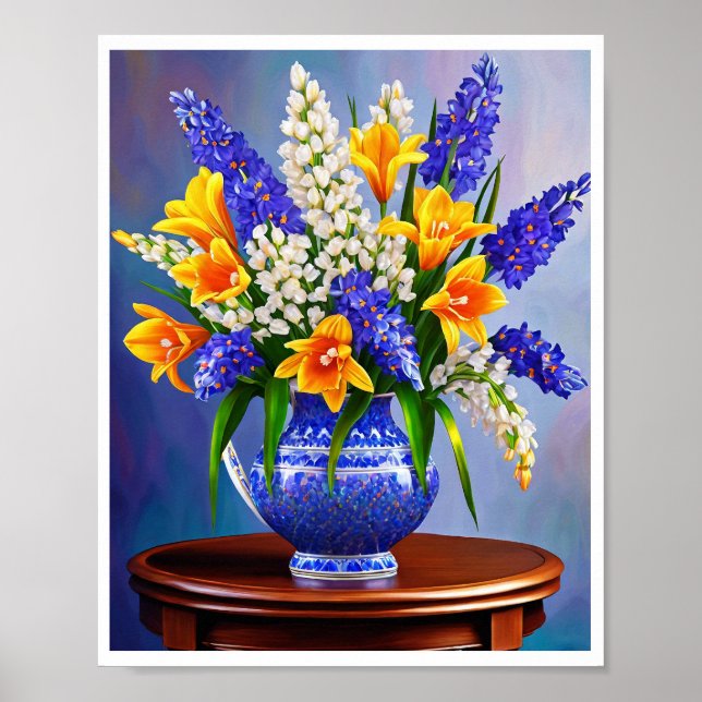 Atemberaubend Blue Vase Orange Tulips Art Print Po Poster (Vorne)