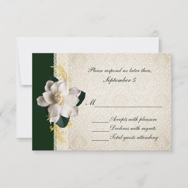 Atemberaubend Dark Green & Ivory Gardenia Wedding  RSVP Karte (Vorderseite)