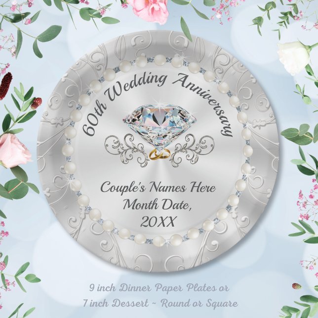 Atemberaubend, Diamantpapier-Teller, PERSONALISIER Pappteller (60th anniversary plates. Gorgeous and Elegant, diamond anniversary paper plates. 60 year anniversary)