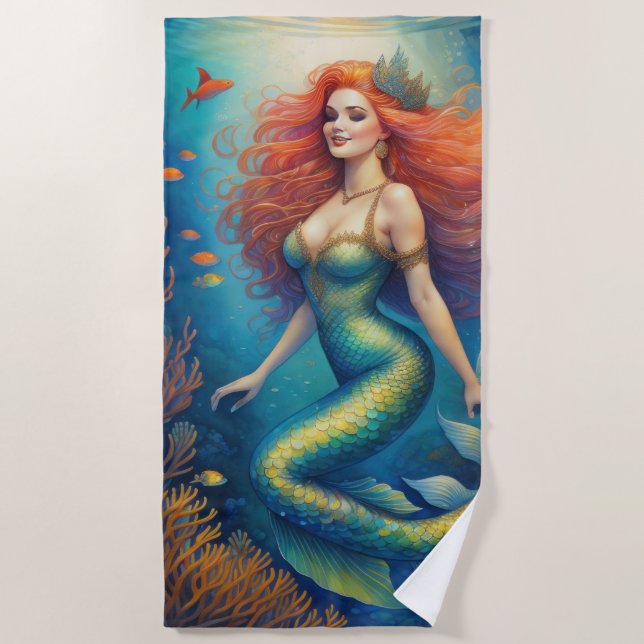 Atemberaubend Red Hair Mermaid Strandtuch (Vorderseite)
