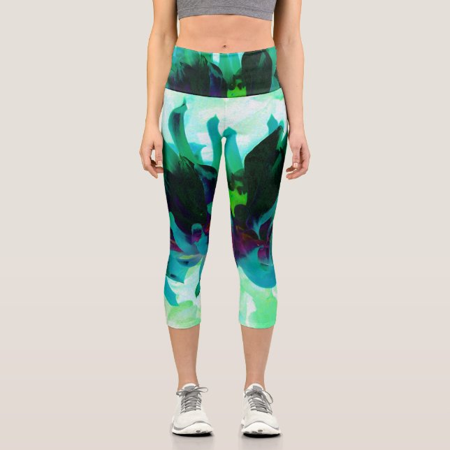 Atemberaubende Aquamarine und schwarze Kaktus Dahl Capri Leggings (Vorderseite)