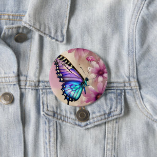 Atemberaubende blaue Schmetterlinge und rosa Blume Button