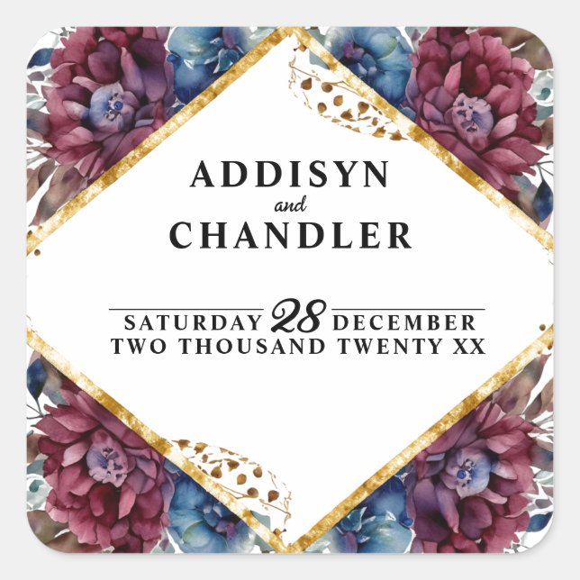 Atemberaubende Hochzeit von Jewel Toned Peony Quadratischer Aufkleber (Vorderseite)
