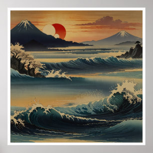 atemberaubende japanische Berge Wasserfarben Wand  Poster